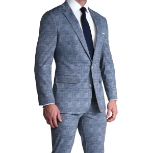 State and Liberty Athletic Fit Stretch Suit - Knit Light Blue, Navy and White Plaid | Suits
