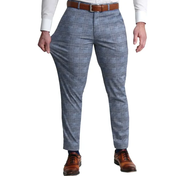 State and Liberty Athletic Fit Stretch Suit Pants - Knit Light Blue, Navy and White Plaid | Suit Pants | Dress Pants