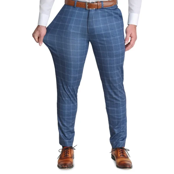State and Liberty Brushed Tech Suit Pant - Heathered Blue With White Windowpane | Tech Chinos | Suit Pants
