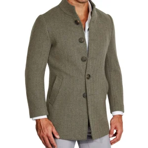 State and Liberty Olive Herringbone Open Button Overcoat | Coats & Jackets