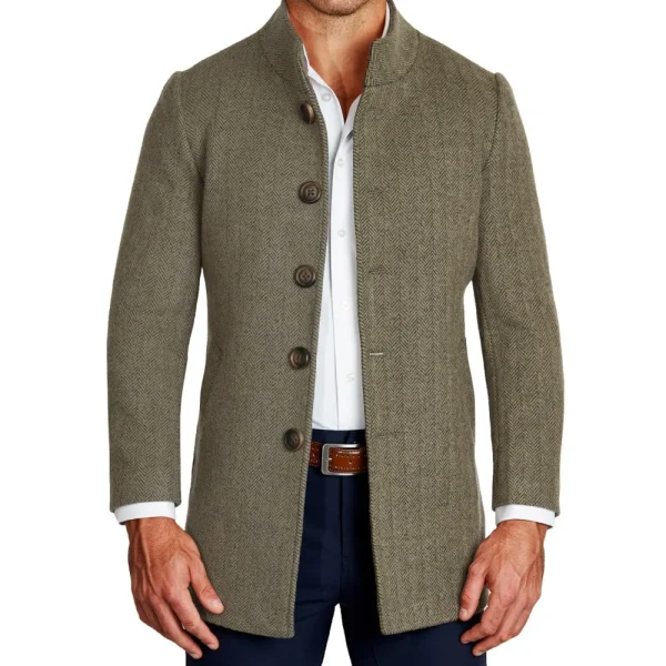 State and Liberty Olive Herringbone Open Button Overcoat | Coats & Jackets