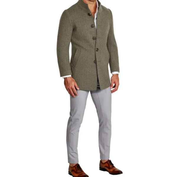 State and Liberty Olive Herringbone Open Button Overcoat | Coats & Jackets