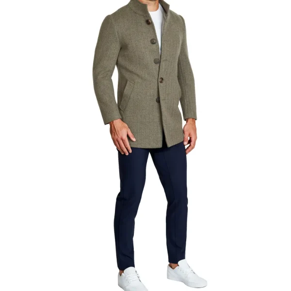State and Liberty Olive Herringbone Open Button Overcoat | Coats & Jackets
