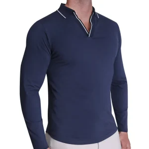 State and Liberty Tipped Long Sleeve Polo - Navy with White | Casual Long Sleeves | Polos