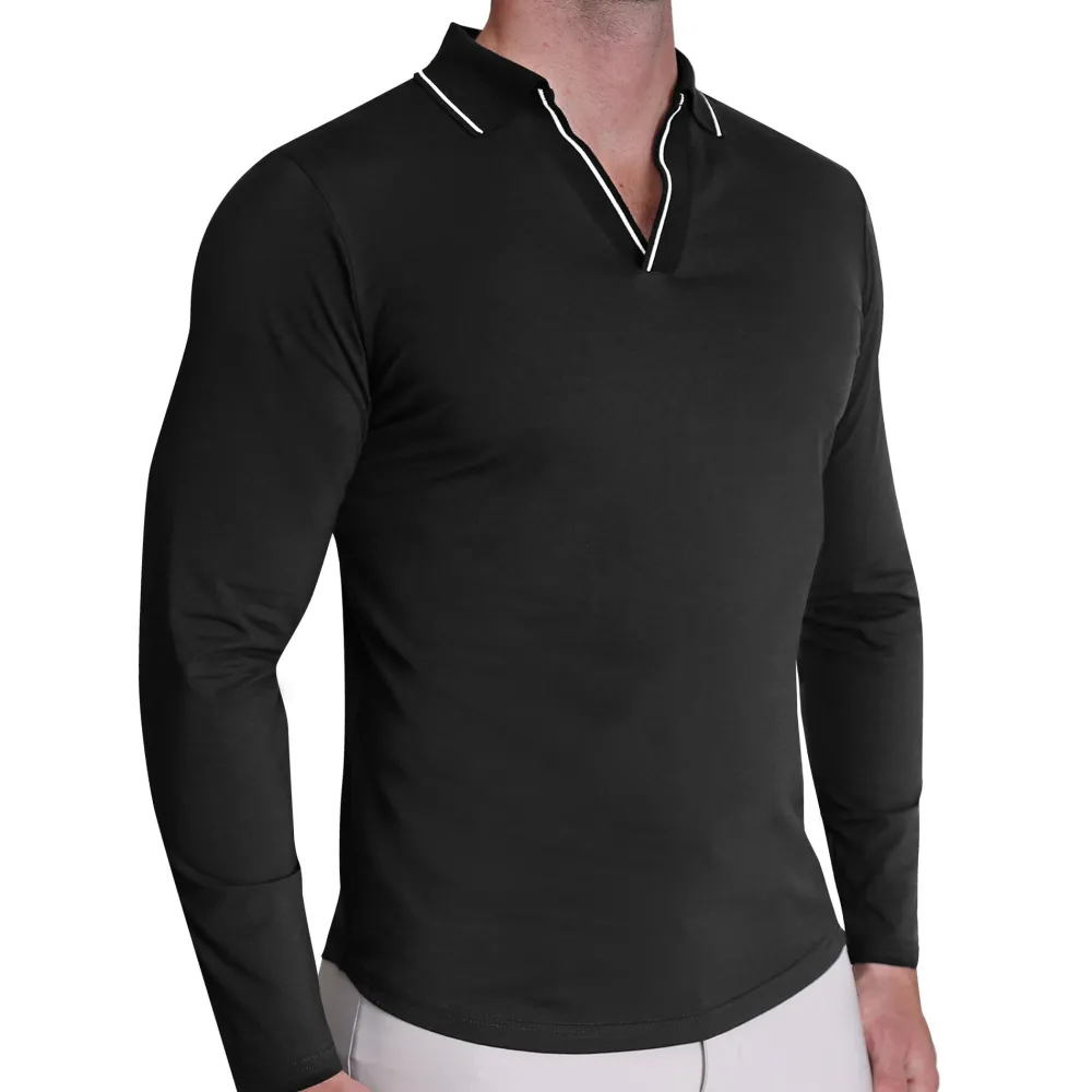 State and Liberty Tipped Long Sleeve Polo - Black with White | Casual Long Sleeves | Polos