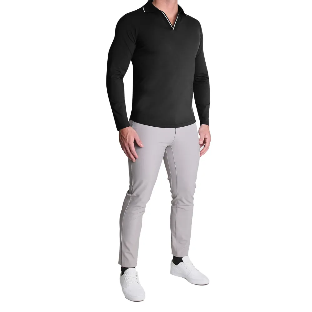 State and Liberty Tipped Long Sleeve Polo - Black with White | Casual Long Sleeves | Polos