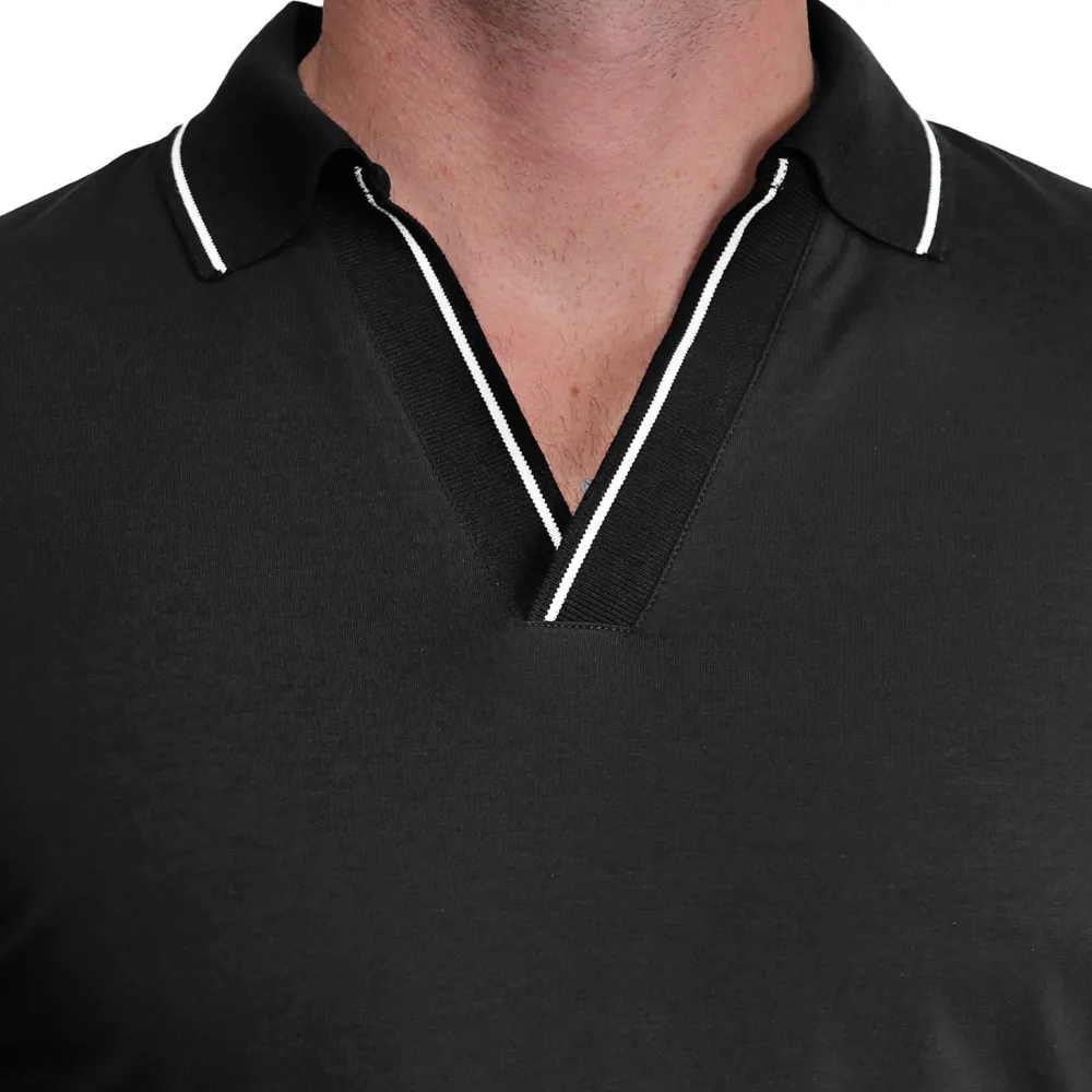 State and Liberty Tipped Long Sleeve Polo - Black with White | Casual Long Sleeves | Polos